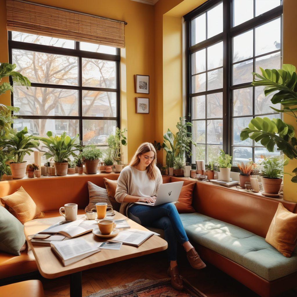 A cozy café scene with an adult engrossed in writing on a laptop, surrounded by stylish decor, vibrant coffee cups, and lifestyle magazines. Soft sunlight filtering through large windows, illuminating a group of diverse friends sharing stories. A plant-filled corner adds a touch of nature, creating a warm and inviting atmosphere. super-realistic. vibrant colors. cozy ambiance.