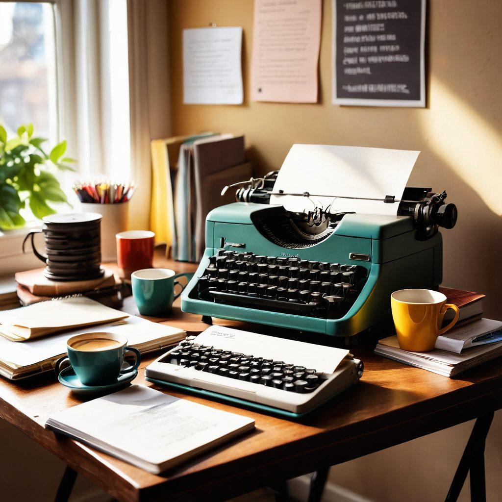 An inviting workspace filled with colorful notebooks, a steaming cup of coffee, and a vintage typewriter, with a soft glow of afternoon sunlight streaming in. In the background, a wall adorned with motivational quotes about creativity and writing, alongside scattered art supplies symbolizing diverse content creation. super-realistic. warm tones. cozy atmosphere.