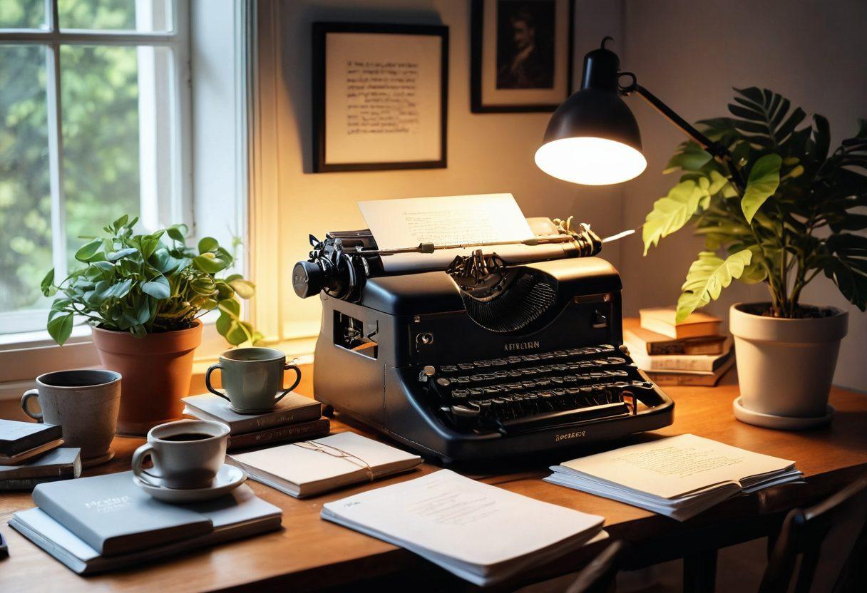 A cozy workspace featuring an inviting desk with a vintage typewriter, warm lighting, and scattered books on relationships, intimacy, and storytelling. Include a steaming cup of coffee and an open laptop showing a blog editing interface, surrounded by soft pillows and a plant for a touch of nature. Create an inviting atmosphere that reflects creativity and connection. warm colors. digital painting.